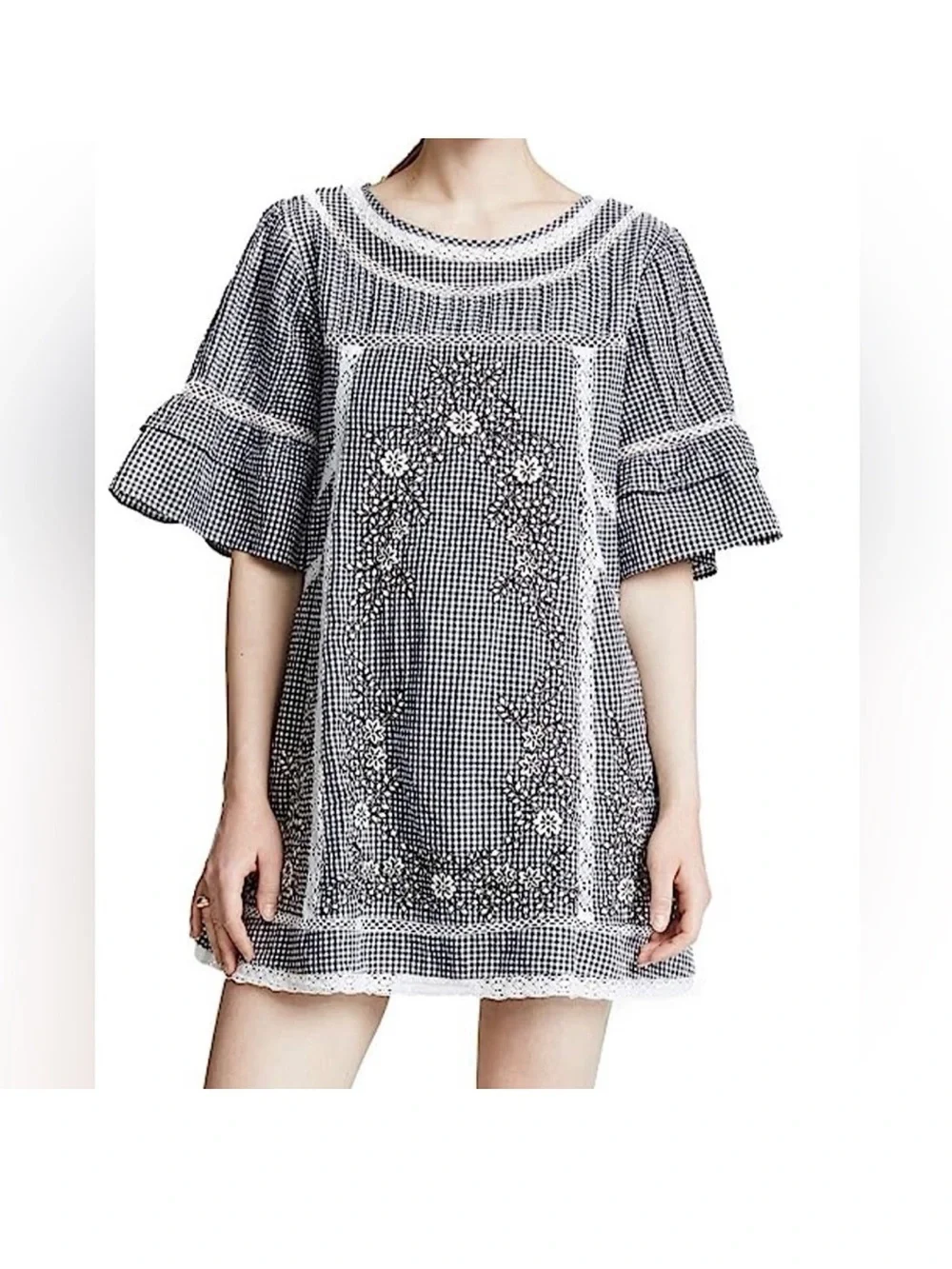 FREE PEOPLE SUNNY DAY DRESS BLACK & WHITE FLORAL EMBROIDERY & LACE DETAILS SZ XS